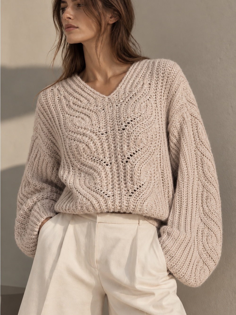 NWT Lumière Chunky Cable Knit V-Neck Cropped Oversized Sweater Cream S